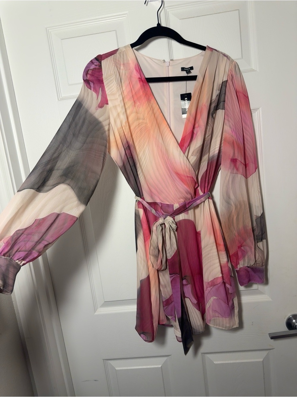 Express Sheer Floral Chiffon Surplice Romper in Pink and Cream